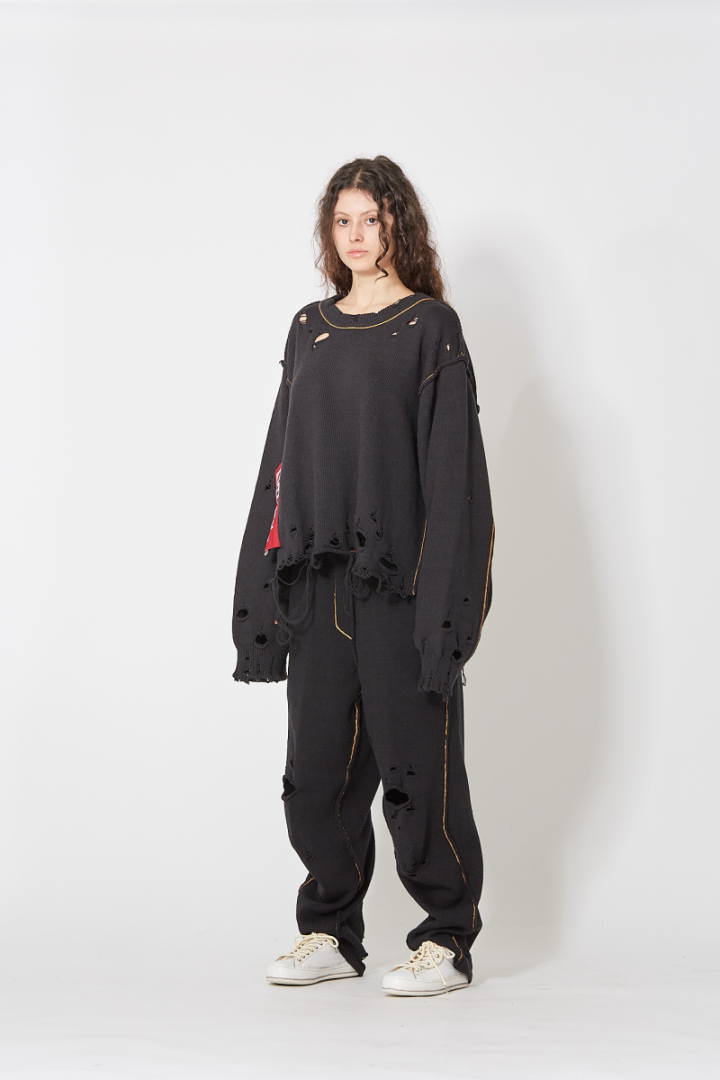 Recycle Denim Yarn Knit Pants - Black