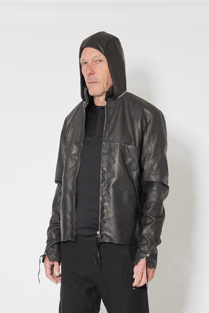 4 Pocket Detachable Hood Biker Jacket - Black