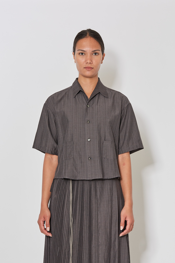 Woven Open Collar Shirt Sleeve Shirt - Grey