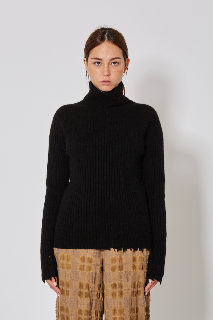 High Neck Rib Top - Black