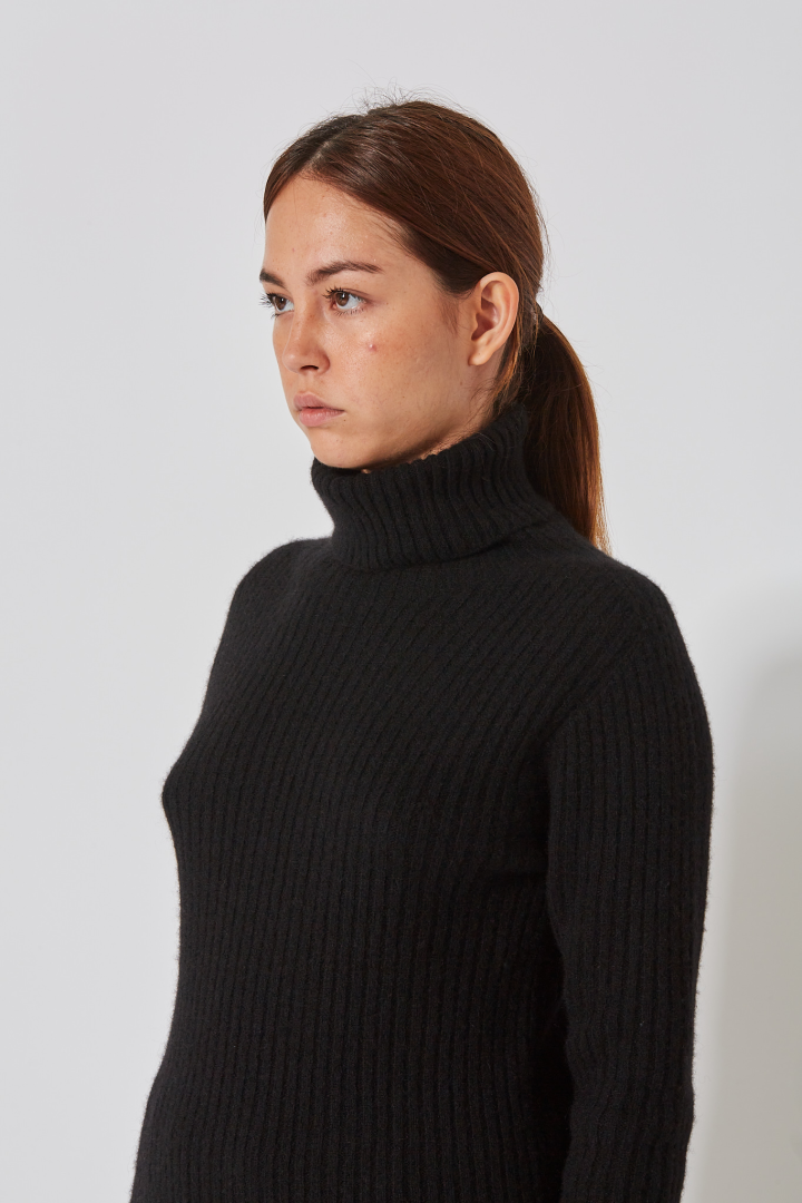 High Neck Rib Top - Black