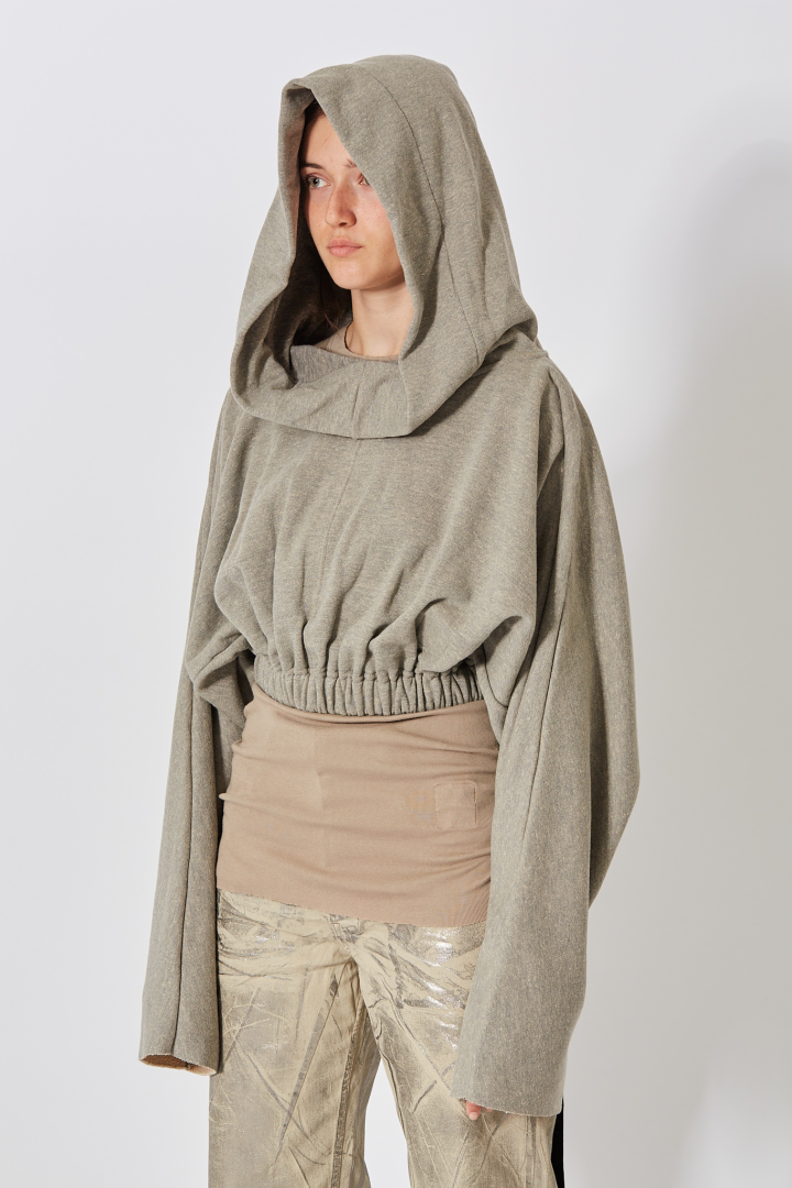 Knit Sweatshirt Cropped Hooded Tunic - Melange