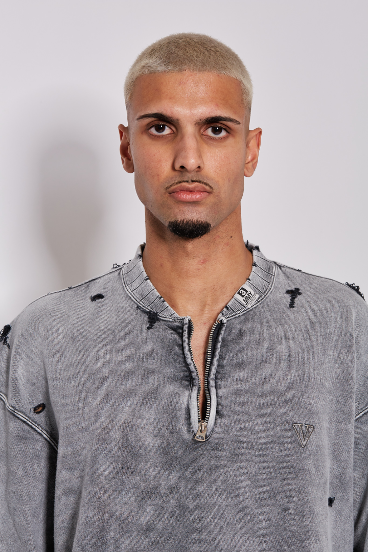 Bleached Half Zip Pullover - Gray