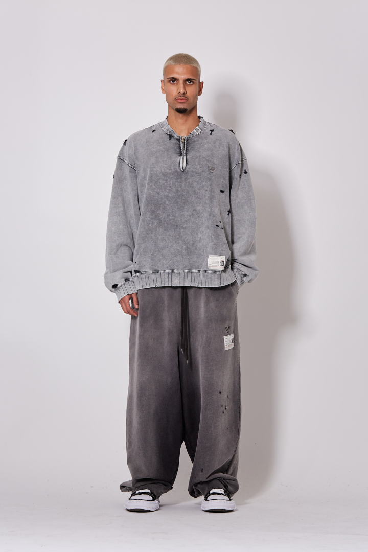 Bleached Half Zip Pullover - Gray