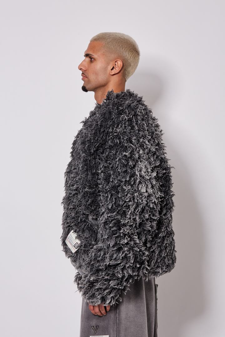 Bleached Shaggy Knit Cardigan - Black