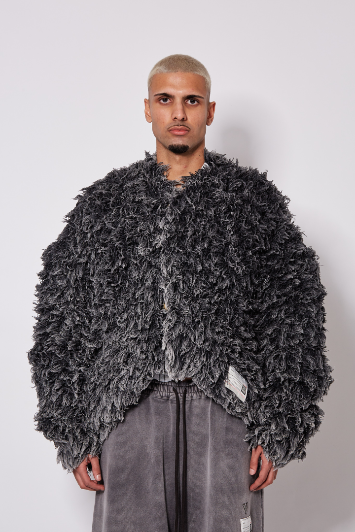 Bleached Shaggy Knit Cardigan - Black