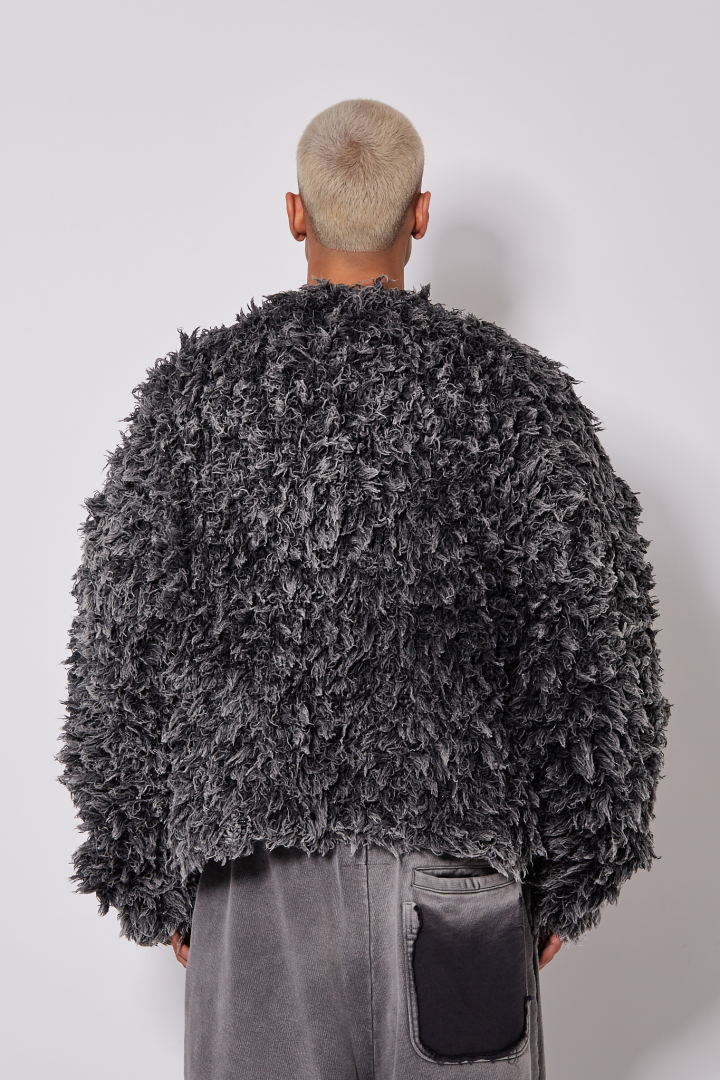 Bleached Shaggy Knit Cardigan - Black