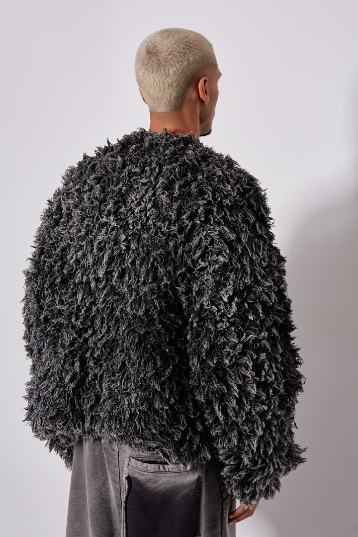 Bleached Shaggy Knit Cardigan - Black