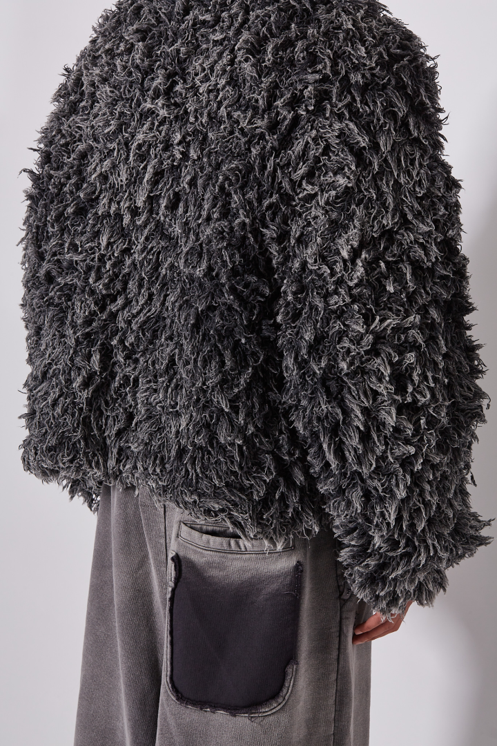 Bleached Shaggy Knit Cardigan - Black