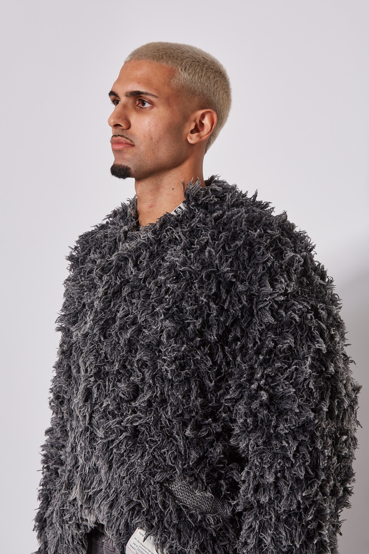 Bleached Shaggy Knit Cardigan - Black
