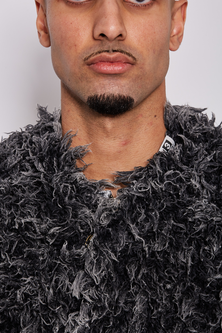 Bleached Shaggy Knit Cardigan - Black