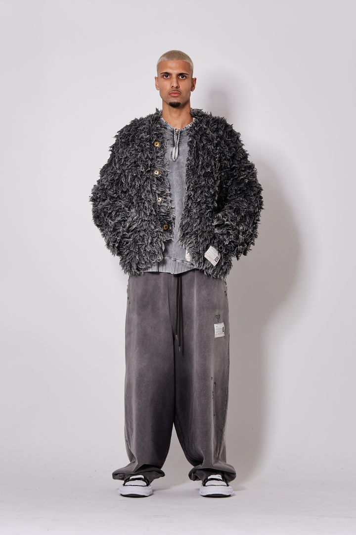 Bleached Shaggy Knit Cardigan - Black