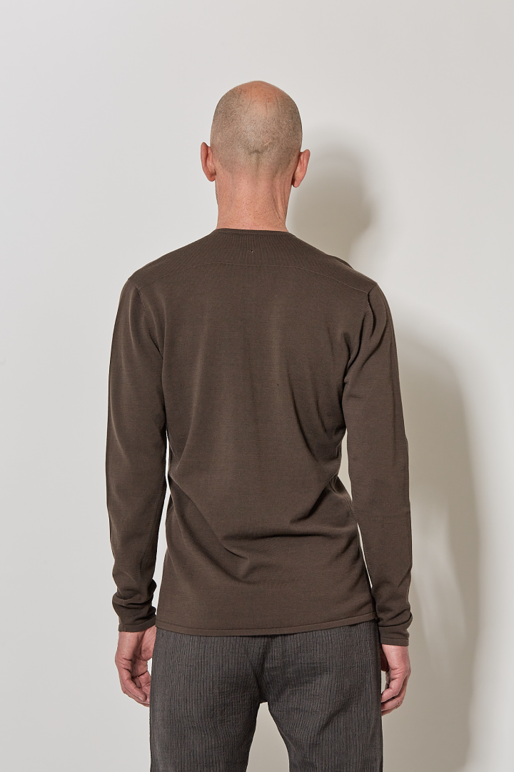 Seamless Shoulder Grandad Neck Sweater - Grey Brown