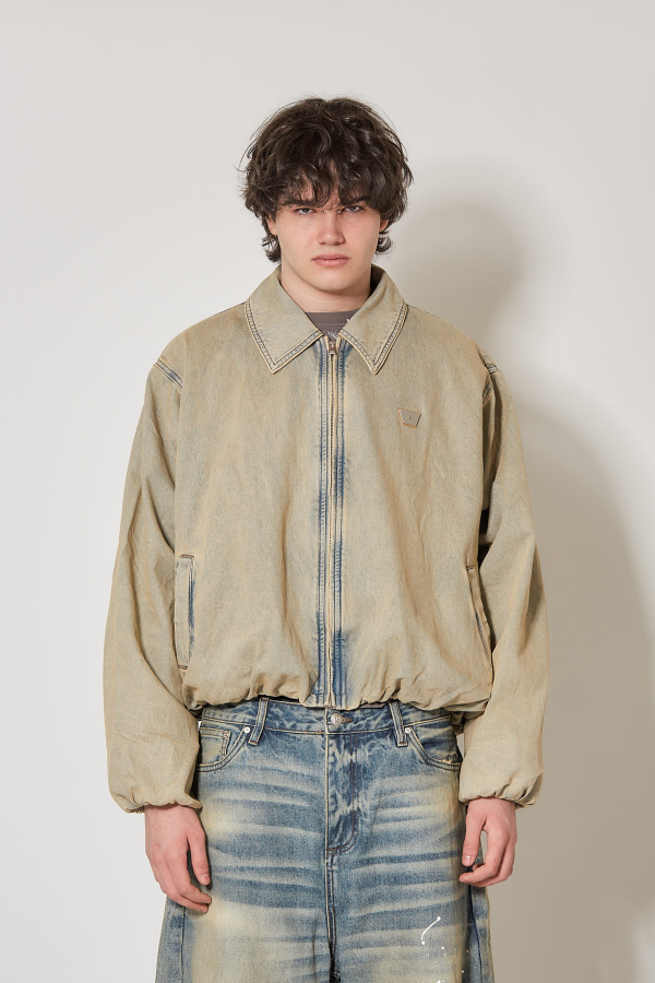 Sand Washed Bomber Denim Jacket Unisex - Sand Washed